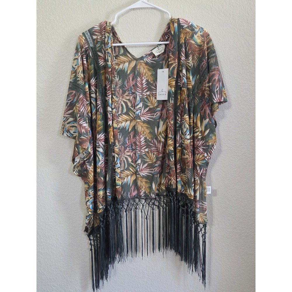 Ember NWT Sheer Kimono Fringe Swim Cover Boho Festival Tassle Concert Women's Sm